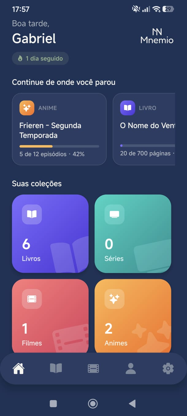 Mnemio — app de acompanhamento de mídias